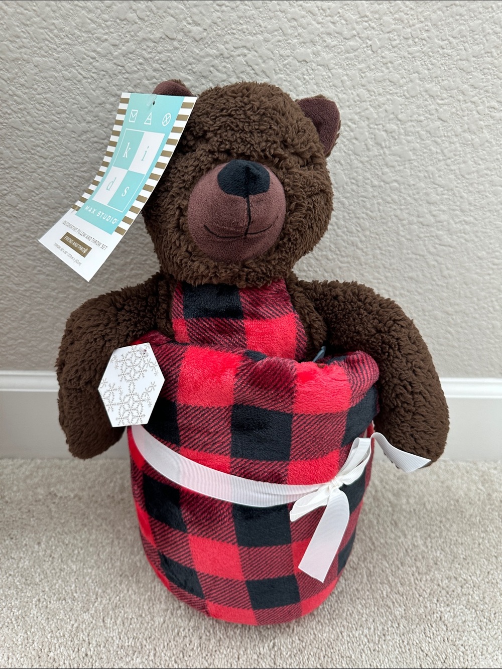 NWT Brown Bear Plush with Red and Black Buffalo Plaid Throw